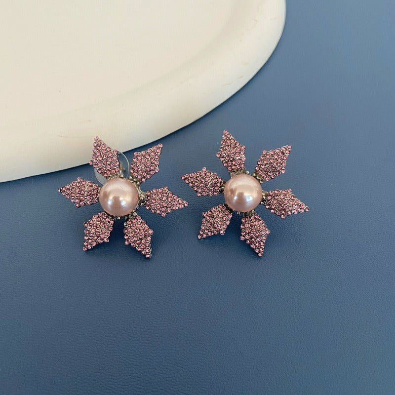 Weihnachts-Schneeflocken-Edelstein-Ohrringe, farbenfrohe, mit rosa Diamanten besetzte Perlenohrringe