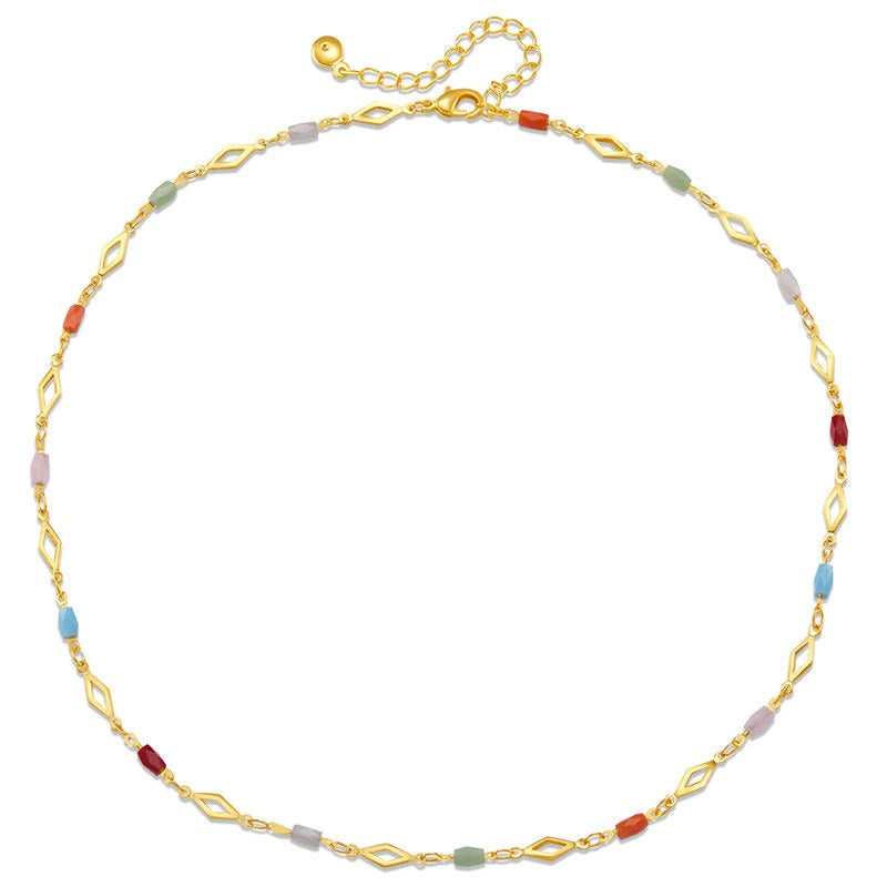 Bunte Schlüsselbeinkette mit Kristallperlen, verkupfertes 18-Karat-Echtgold, farberhaltende kleine, frische Halskette