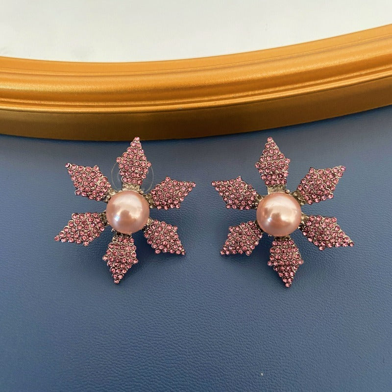 Weihnachts-Schneeflocken-Edelstein-Ohrringe, farbenfrohe, mit rosa Diamanten besetzte Perlenohrringe